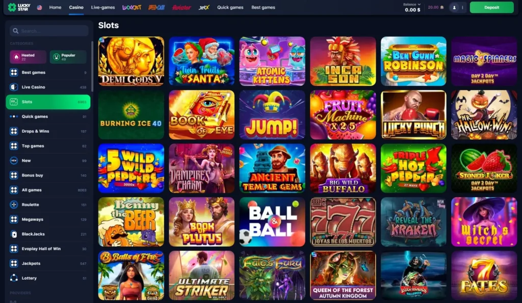 Online slots lobby in LuckyStar Casino