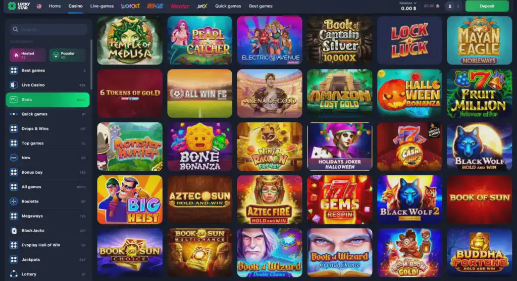 Variety of slots in LuckyStar Casino